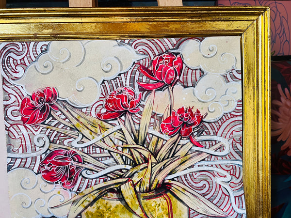 Still life with wilted tulips