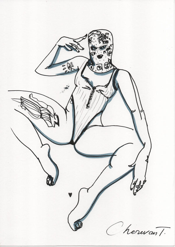 Under the Mask — ink and marker drawing on paper by Tetiana Cherevan