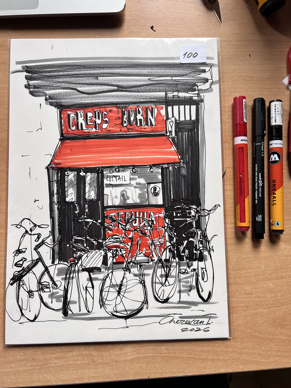 Barcelona Urban Sketch – Creps Born Café, Original Marker Drawing on A4 Paper