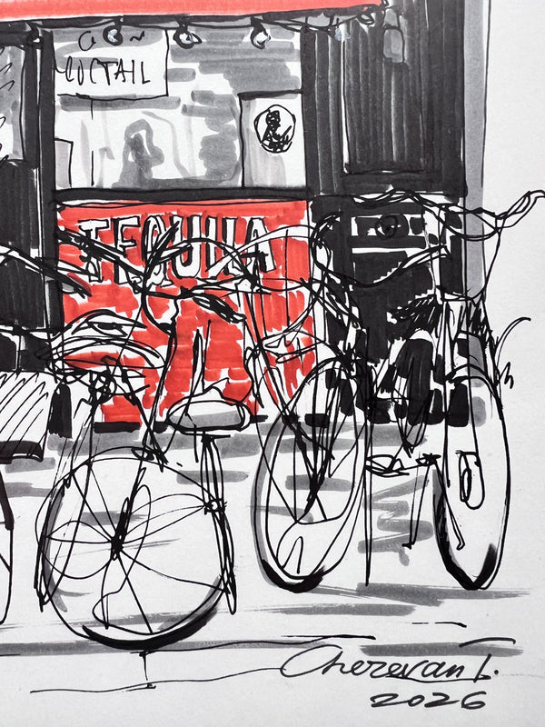 Barcelona Urban Sketch – Creps Born Café, Original Marker Drawing on A4 Paper