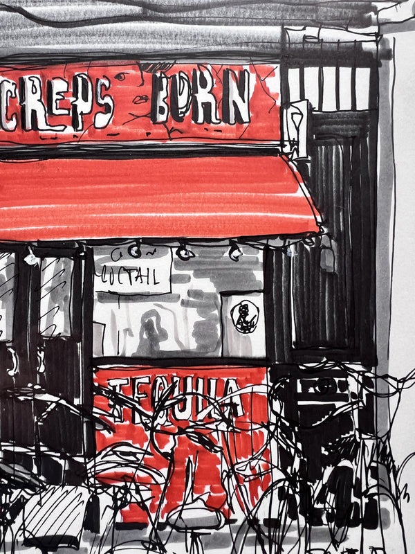 Barcelona Urban Sketch – Creps Born Café, Original Marker Drawing on A4 Paper
