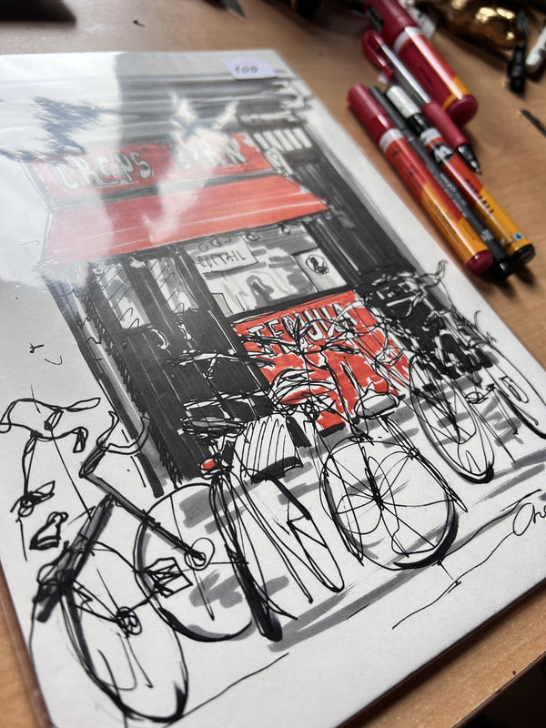 Barcelona Urban Sketch – Creps Born Café, Original Marker Drawing on A4 Paper