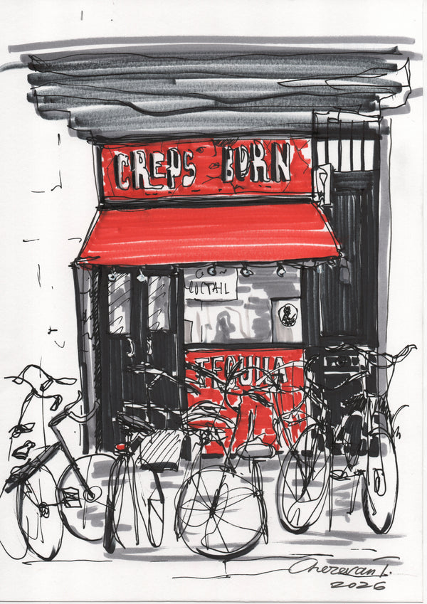 Barcelona Urban Sketch – Creps Born Café, Original Marker Drawing on A4 Paper