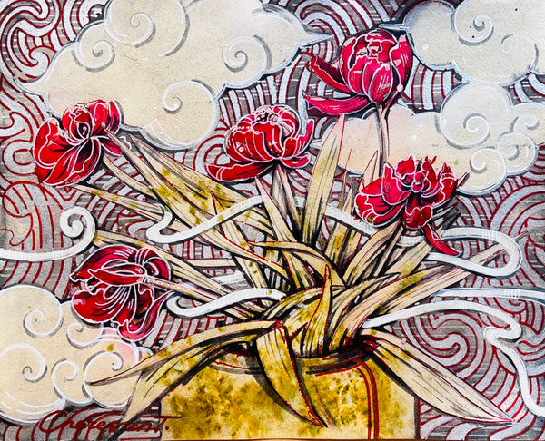 Still life with wilted tulips