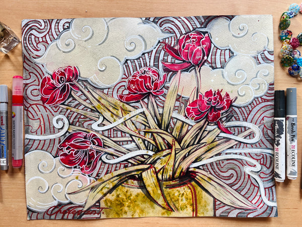 Still life with wilted tulips