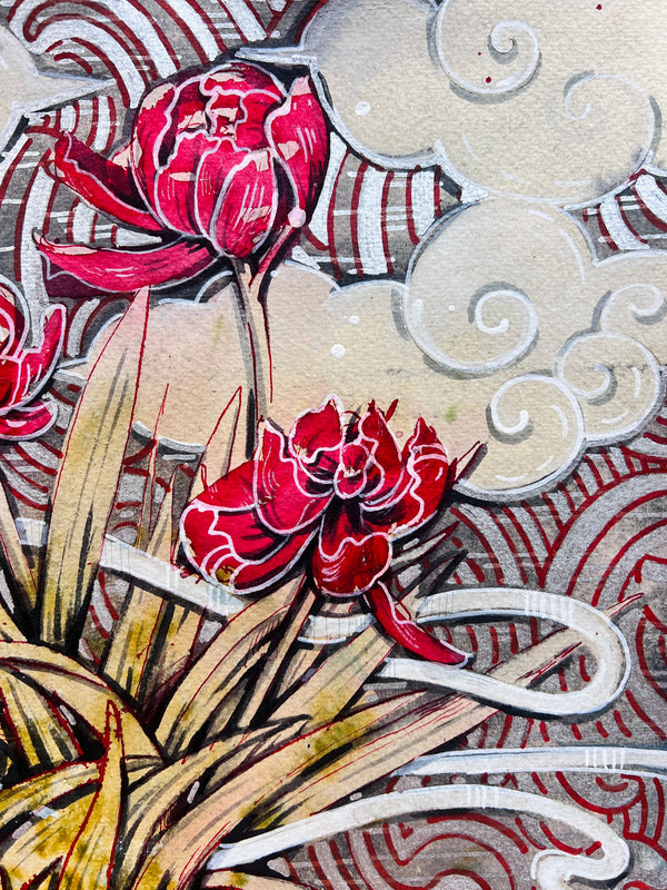 Still life with wilted tulips