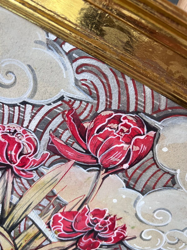 Still life with wilted tulips