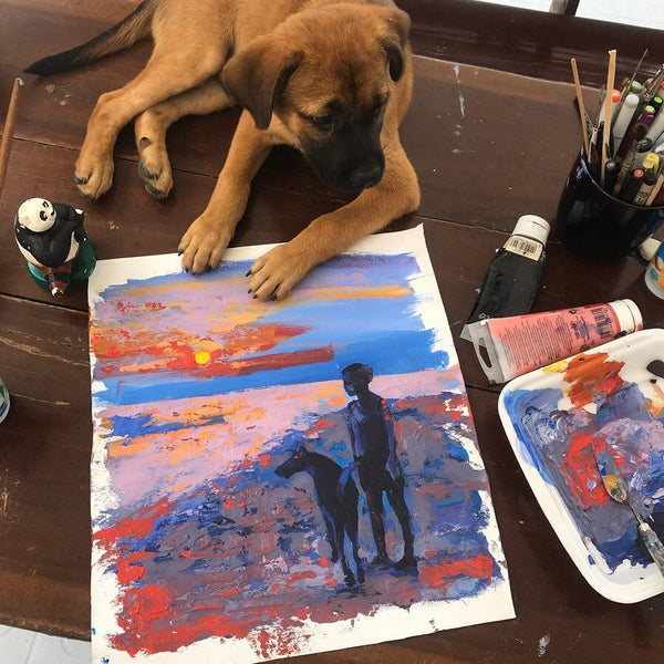 When a Friend Is Near in the studio, with a puppy
