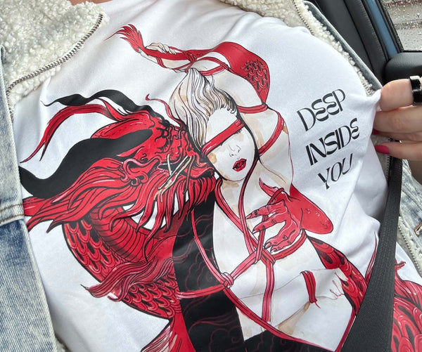 T-shirt «Dragon with Mistress» worn — print detail