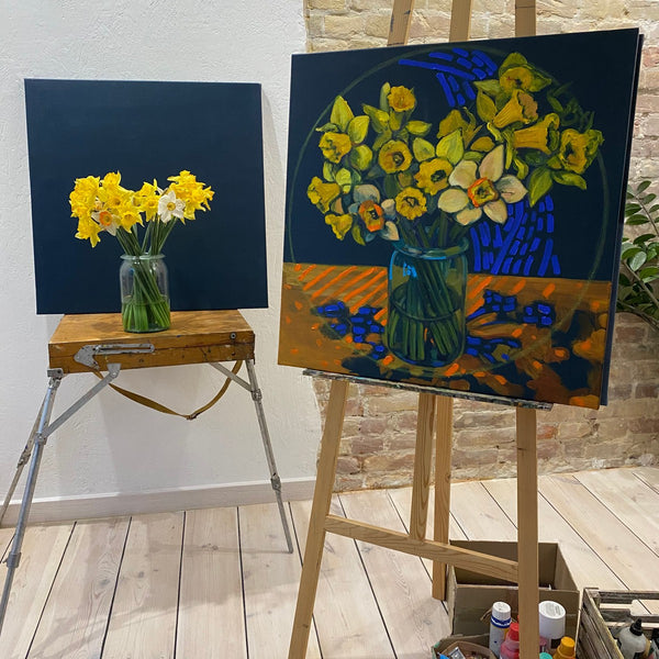 Still life with a jar of daffodils